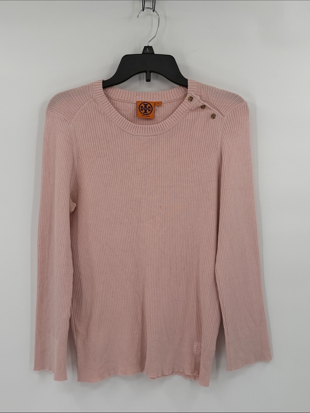 Tory Burch Light Pink Ribbed Crewneck Sweater with Shoulder Buttons size XL